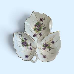 Gold Trim Leaf Shape w/ Purple Flower design Divided Candy Trinket Dish